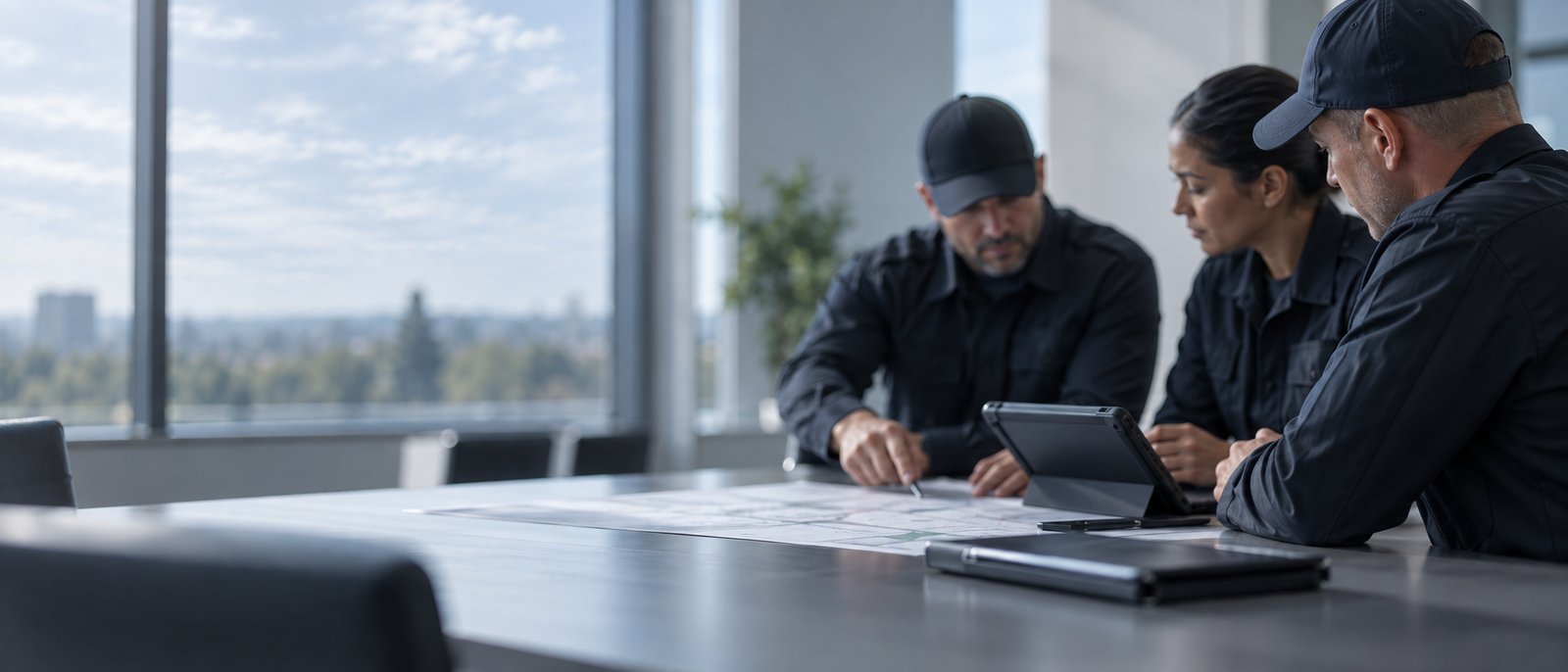 Colleagues reviewing a site plan and a tablet at a meeting-room table