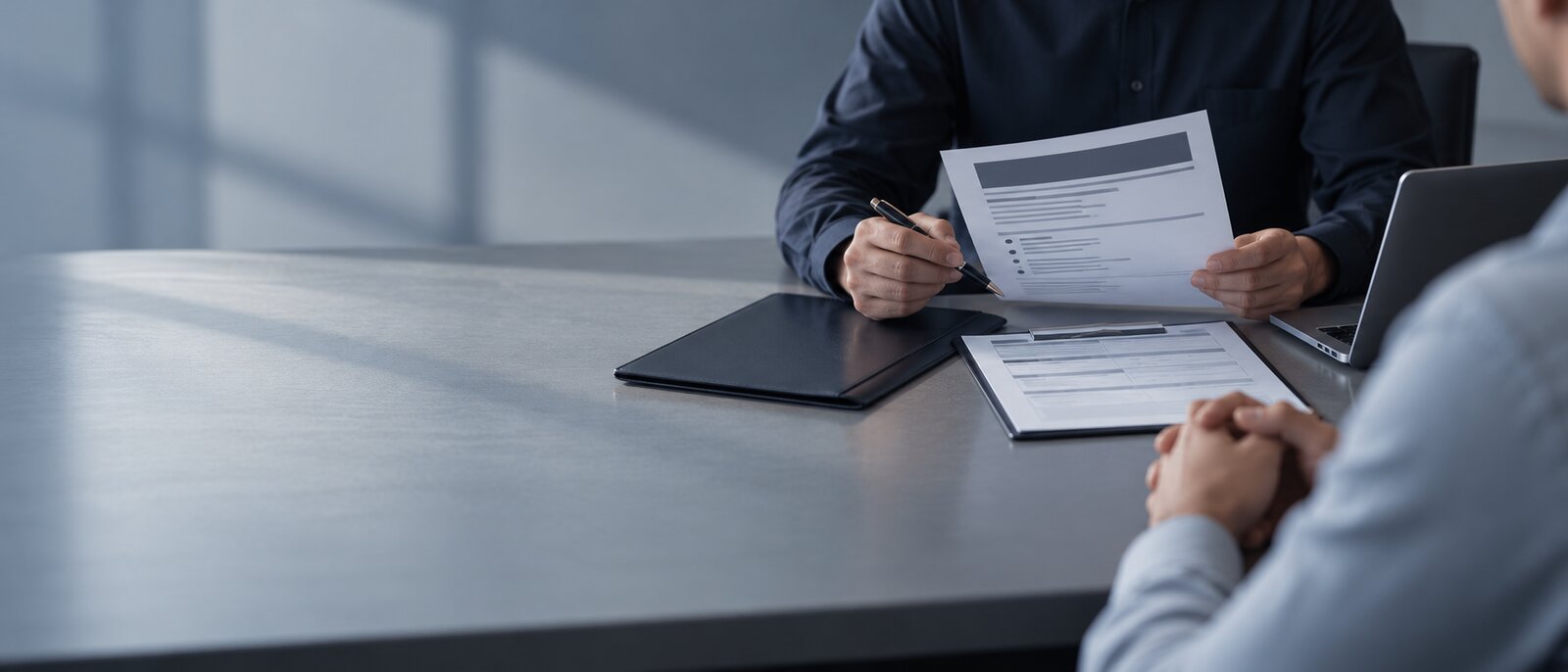 Two people seated across a table during a job interview, one holding a printed application