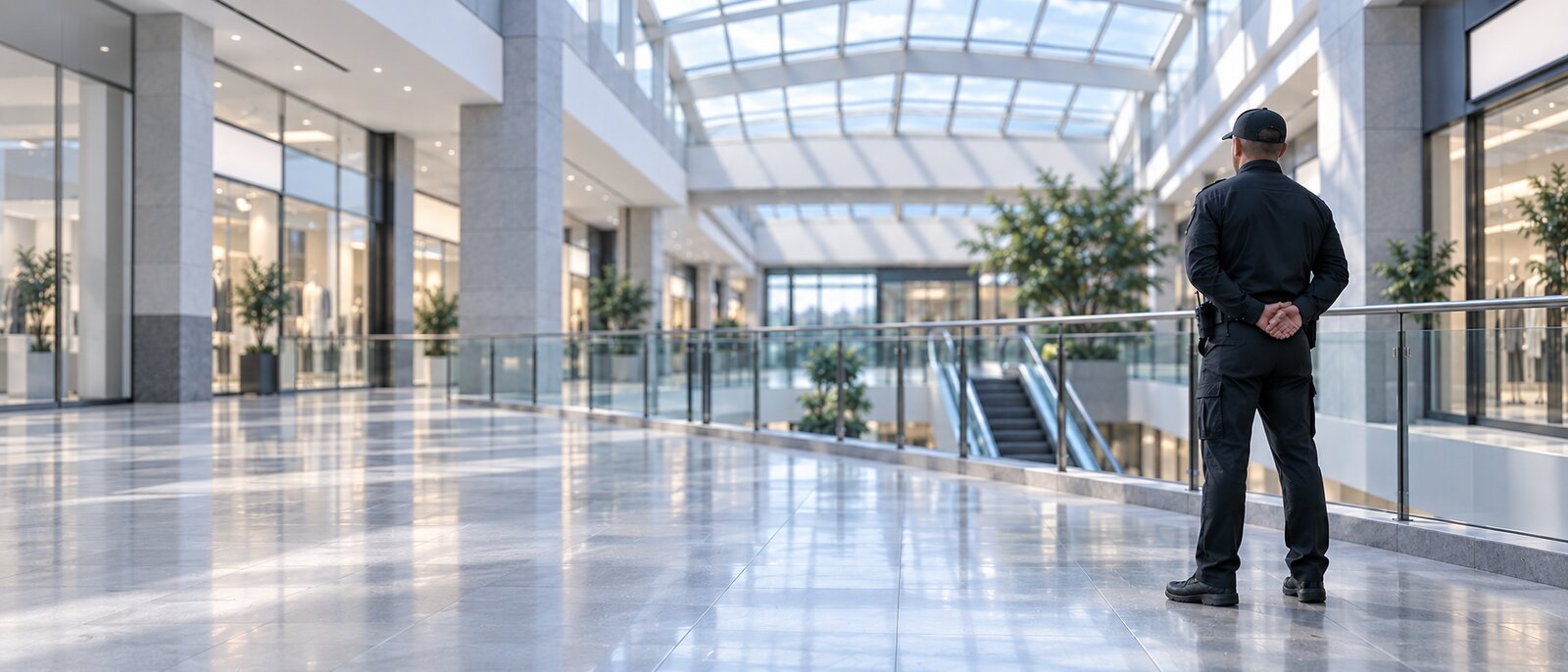 A uniformed security officer standing on the upper level of a shopping mall atrium, seen from behind, with storefronts and a glass roof beyond
