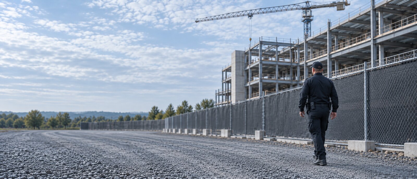 A uniformed security officer walking along the screened fence of a construction site, seen from behind, with a steel-frame building and tower crane beyond