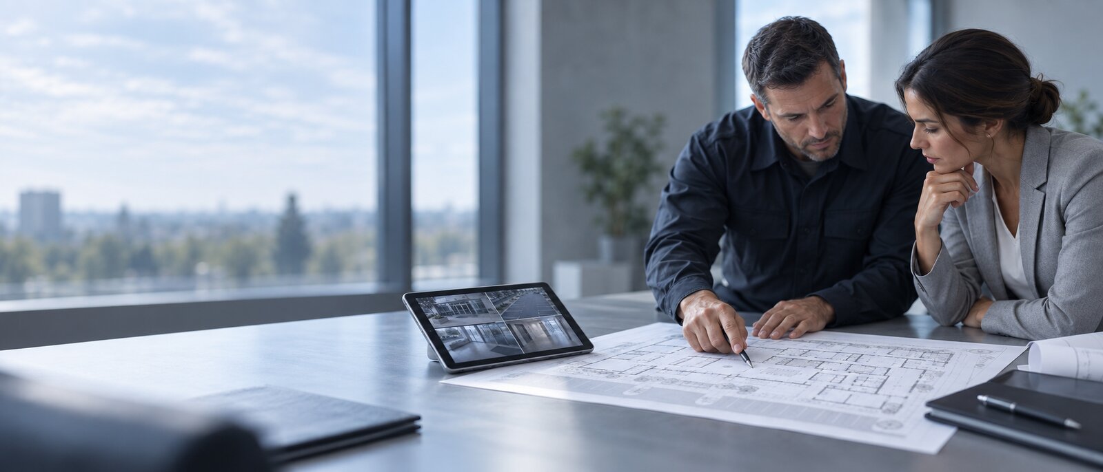 Two people leaning over a printed building floor plan on a table, with a tablet showing camera views beside it and a city skyline through the window behind them