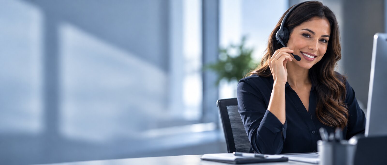 A smiling customer-service representative wearing a headset at a desk in a bright office