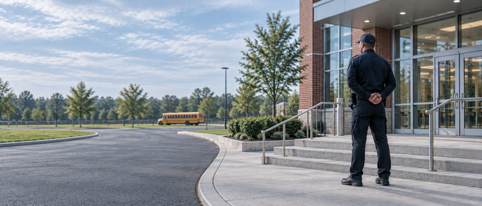 A uniformed security officer standing at the entrance of a school, seen from behind, with a school bus on the drive beyond