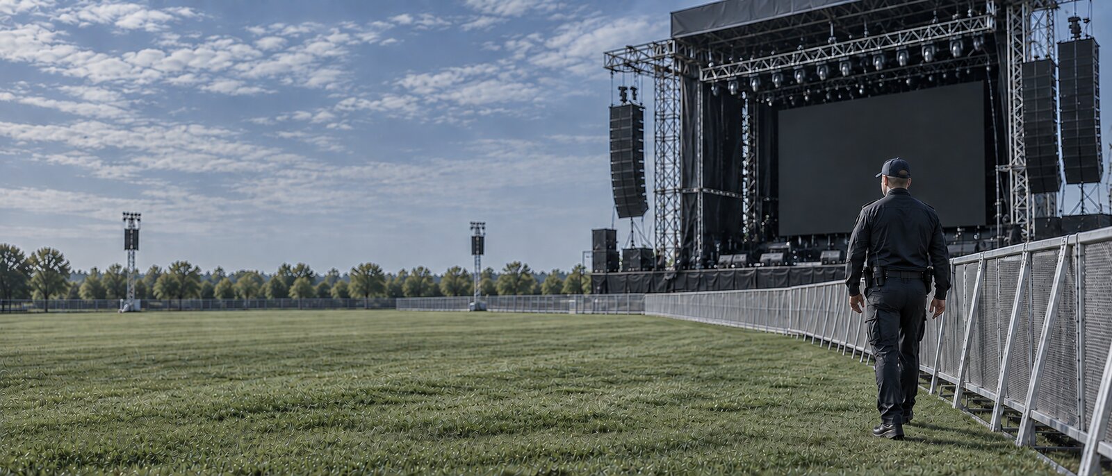 A uniformed security officer walking beside a crowd-barrier fence on an open event field, seen from behind, with a concert stage and lighting towers beyond