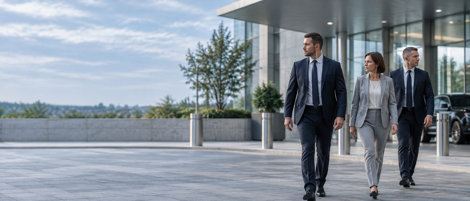 Three protective agents in suits, the lead wearing an earpiece, walking across the plaza of a glass corporate building, away from a black SUV