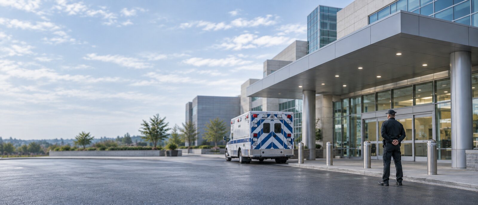 A uniformed security officer standing at a hospital emergency entrance, with an ambulance parked beside the canopy