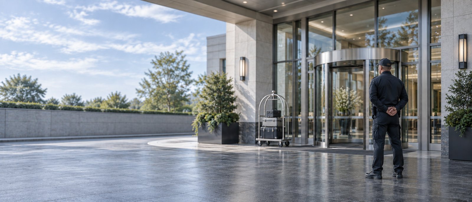 A uniformed security officer standing at the entrance of a hotel, beside a revolving door and a luggage cart