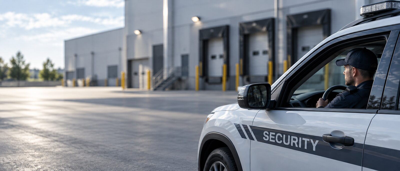 A uniformed officer at the wheel of a white marked SECURITY patrol SUV, parked on the lot outside a warehouse with loading-dock bays