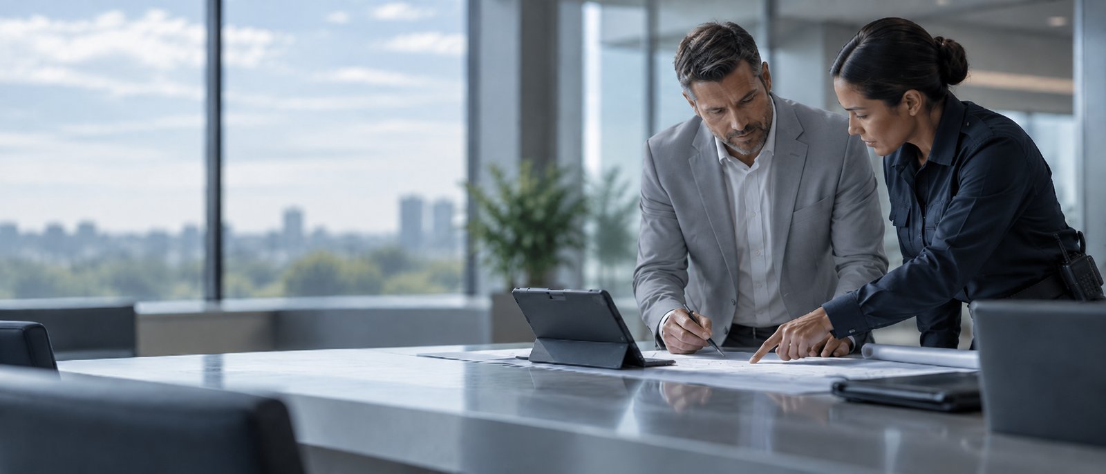 A security officer and a man in a business jacket reviewing a site plan on a conference table