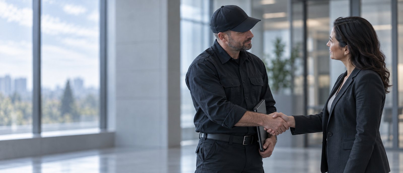 A uniformed security officer and a woman in business attire shaking hands in a bright office lobby