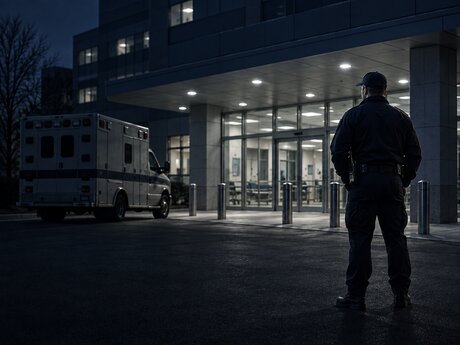 Hospital emergency entrance with an ambulance at the doors