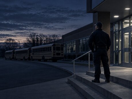 Three school buses parked outside a school